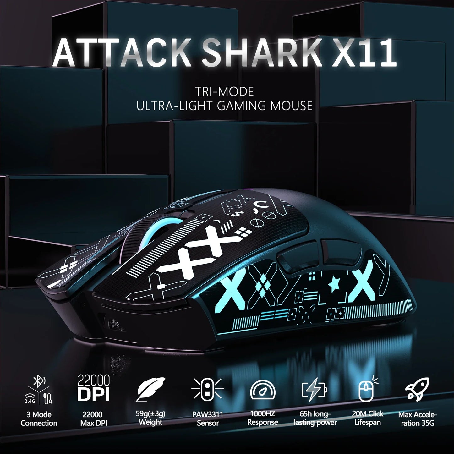 Mouse gamer sem fio ATTACK SHARK X11 PixArt PAW3311 com três modos, base de carregamento e sensor para jogos, mouse sem fio BT/2.4G