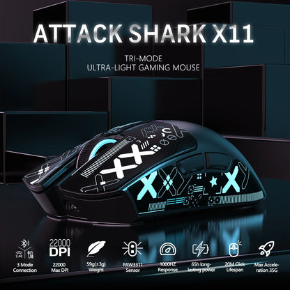 Mouse gamer sem fio ATTACK SHARK X11 PixArt PAW3311 com três modos, base de carregamento e sensor para jogos, mouse sem fio BT/2.4G