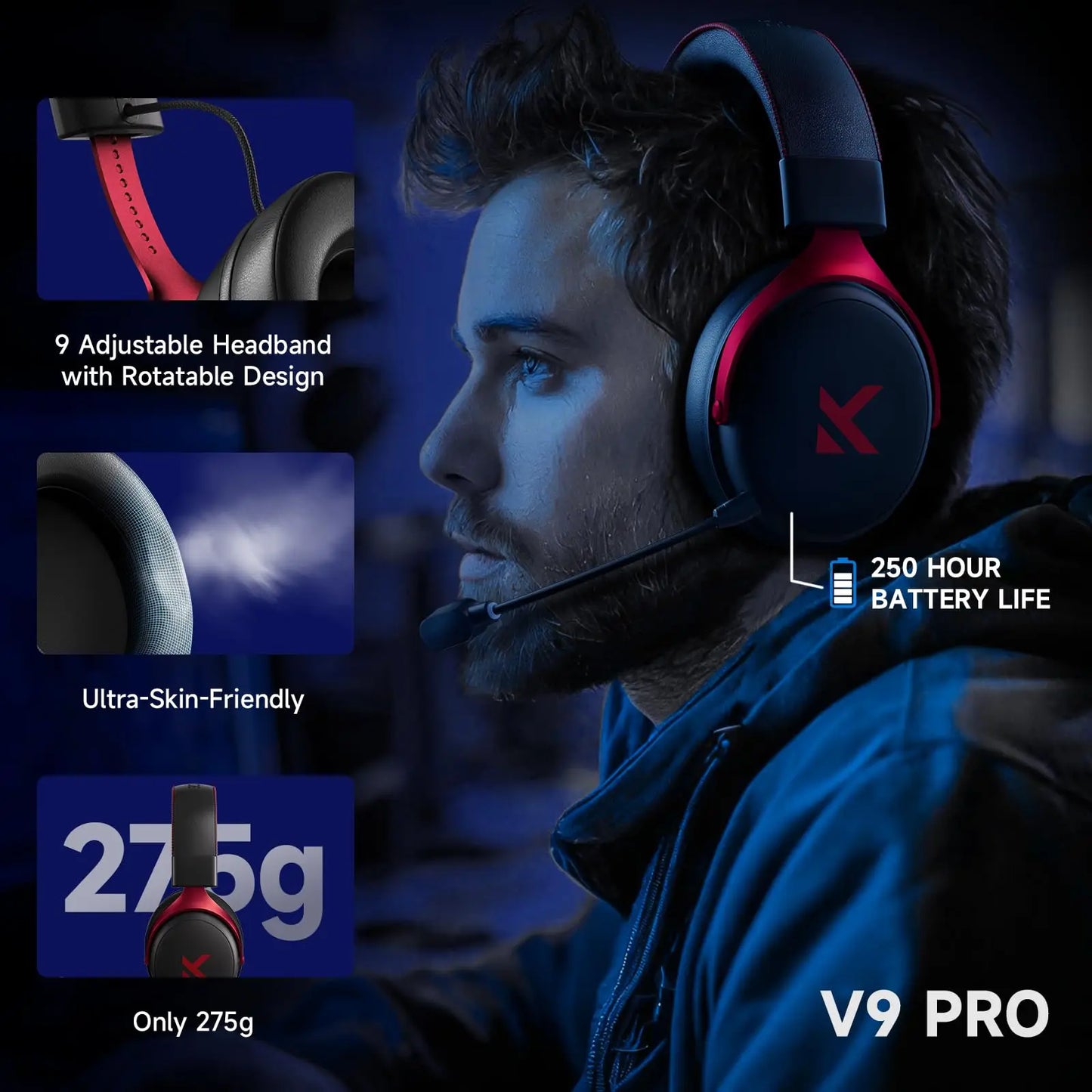 Fone de ouvido sem fio para jogos MCHOSE V9 Pro com som surround, microfone com cancelamento de ruído e baixa latência, leve para PS5 e PC SWITCH